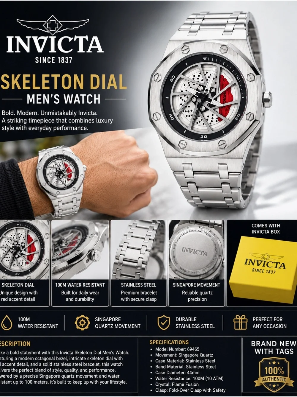 Invicta Silver Stainless Steel Skeleton Dial Watch with Red Accent